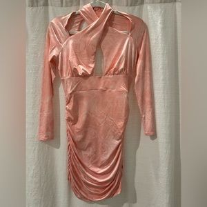 ASOS DESIGN Petite long sleeve halter ruched mini dress in pink marble print